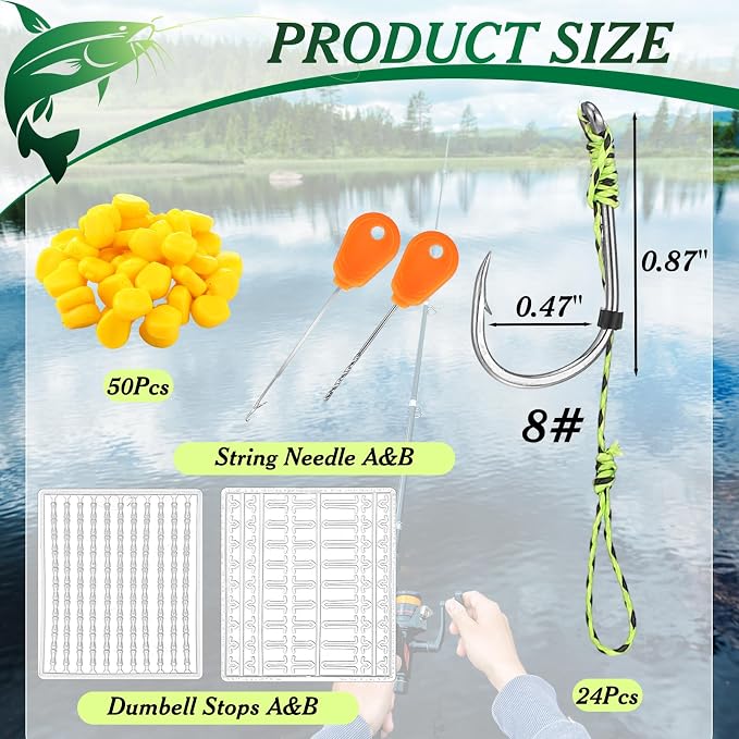 Seenelling 78 Pcs Carp Fishing Hair Rigs Bait Carp Rigs Kit Includes 24 High Carbon Steel Curved Barbed Hook 50 Fake Corn Lures 2 Line Bait Stopper 2 Needle Fishing Equipment Accessories