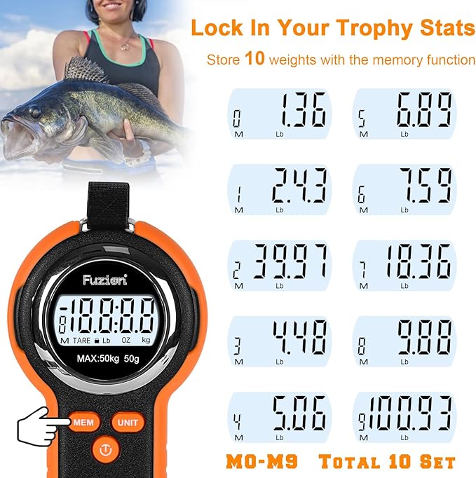 Fuzion Fish Scale, Professional Fishing Scale - 110lb Capacity, Waterproof, Night Light, Memory & Tape Measure | Portable Fish Weigh Kit w/Lip Gripper, Batteries & Pouch
