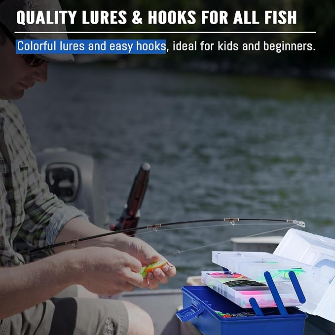 448-Pcs Fishing Lures Kit – Complete Large 3-Layer Tackle Box Set with Hooks, Weights, Bobbers, Pliers, Rigs, Leaders & Accessories for Men, Kids, Beginners, Gear gift choice for Fathers Day