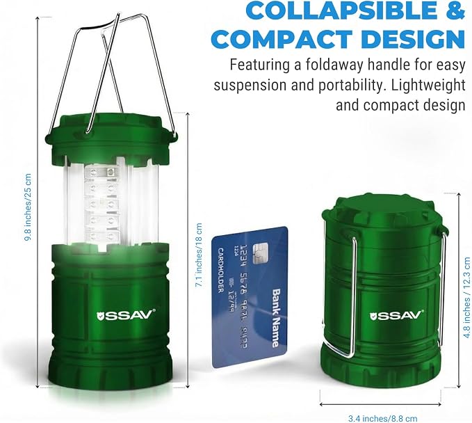 SSAV LED Camping Lantern, Emergency Lanterns for Power Outages & Hurricane Preparedness, Collapsible Portable Survival Lights for Camping, Storms & Emergencies, Batteries Included (2, Green)