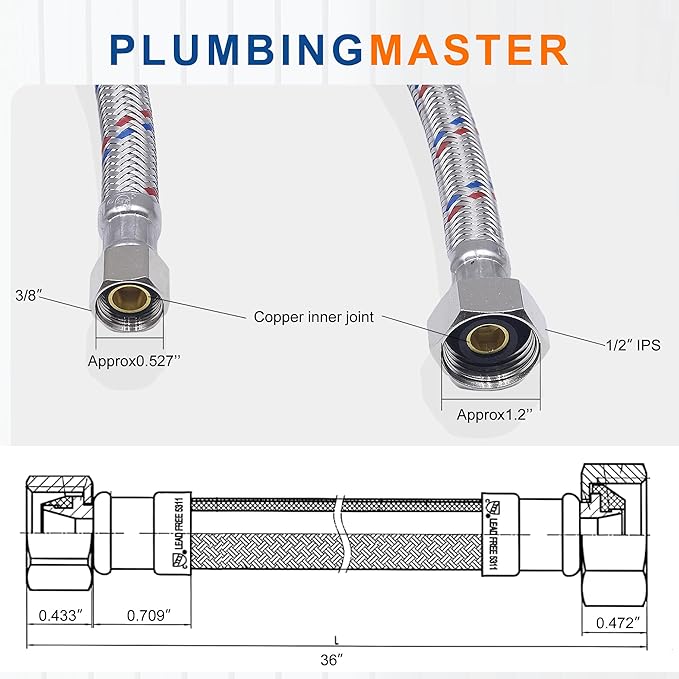 36'' Faucet Hose Connector, 3/8" Comp x 1/2" FIP Braided Stainless Steel Faucet Water Supply Lines for Bathroom Kitchen Sink Faucet 2Pcs