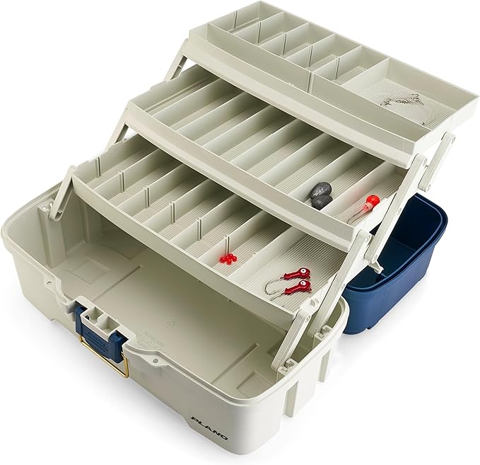 Plano Three-Tray Tackle Box Striper Kit, Blue/Grey, Rust-Proof Brass Latch, Top-Access Tray Compartments with Deep Storage, Made in the USA, Portable Fishing Gear Storage Organizer