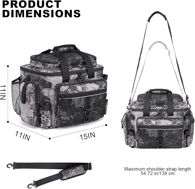 Rabjen Fishing Tackle Bag with Rod Holders & Cooler Main Compartment – Large Capacity Fishing Bag for Organized Gear Storage