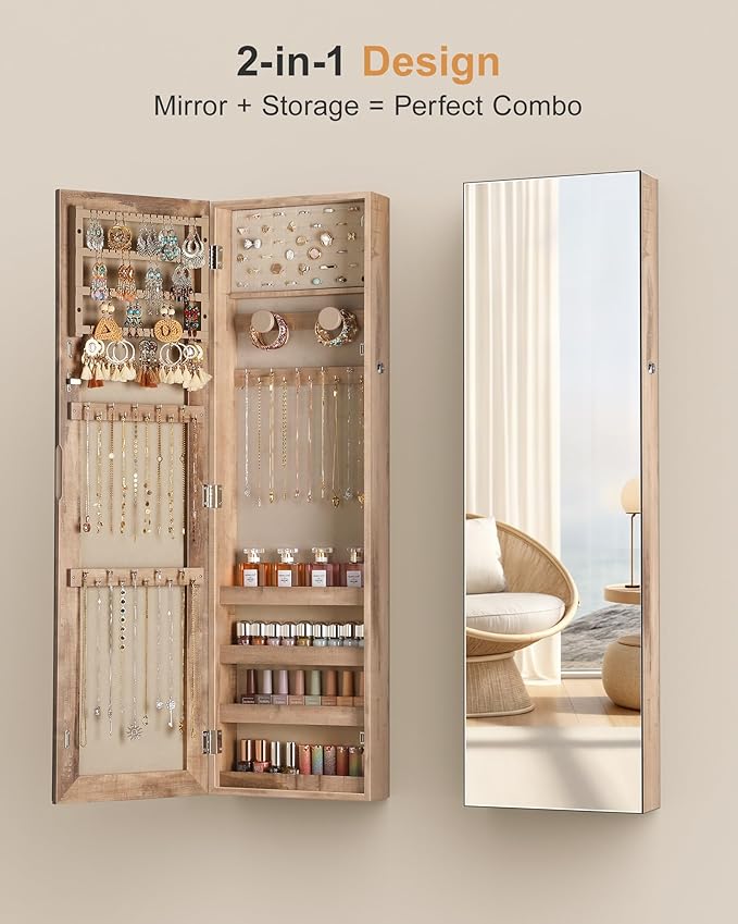 Nicetree Mirror Jewelry Cabinet, Jewelry Armoire with Full Length Mirror,Mirror with Jewelry Storage Wall/Door Mounted, Lockable Jewelry Armoire Organizer, Oak