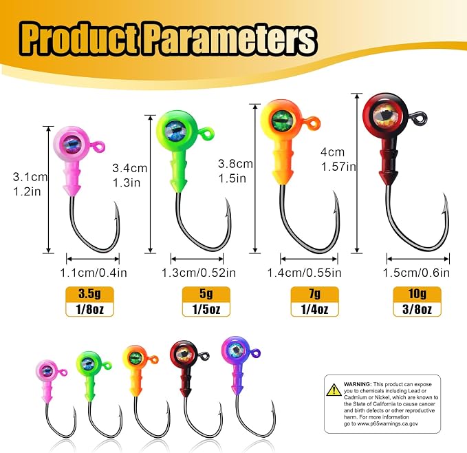 Round Jigs Heads for Fishing, 3D Eyes Ball Head Hooks with Stacked Cone Keeper, 1/8oz 1/5oz 1/4oz 3/8oz Crappie Jig Heads for Bass Fishing Trout Crappie Panfish Walleye