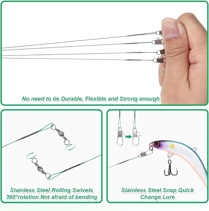 50 Pcs Fishing Leaders with Swivels, Steel Wire Fishing Leader High-Strength Anti-Bite Wire Leader Line Kit for Saltwater Freshwater, Connects Lures, Hooks, Rigs (Green, 4/6/8/10/12 Inch)