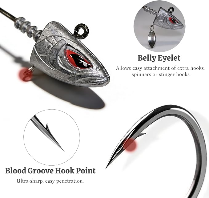 Saltwater Jig Heads 10 Pack, 3D Red Eyes with Bait Keeper & Belly Trailer Hole, 3/4oz to 1-3/4oz, 6/0 & 8/0 Hooks for Inshore Offshore Saltwater Fishing