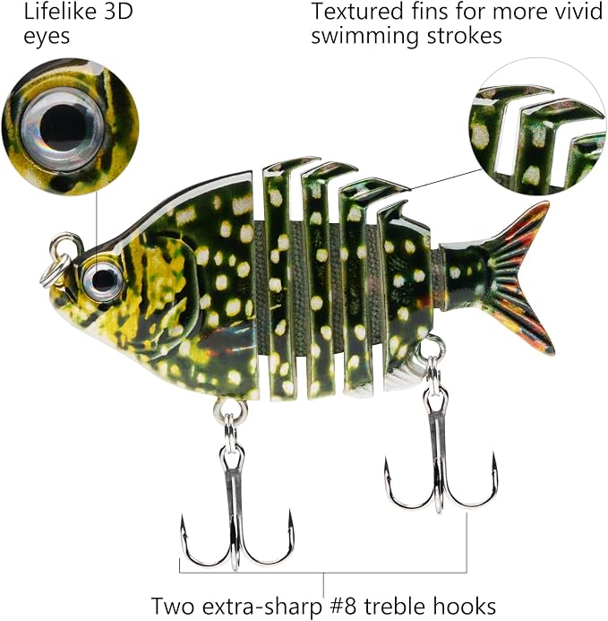 Bassdash SwimPanfish 0.34oz Hard Swimbaits Multi Jointed Topwater Trout Bass Fishing Crank Lure for Freshwater and Saltwater