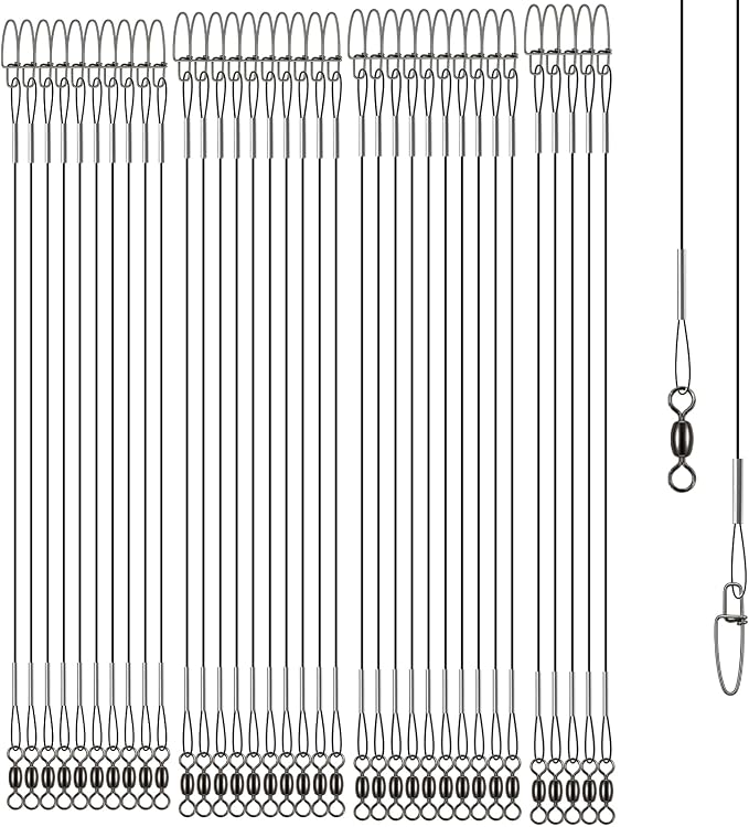 Stainless Steel Fishing Wire Leaders, Black Coated & Uncoated Options, Heavy Strength 31–100LB, 6–21in Multi Sizes with Rolling Swivels Snaps for Salt Fresh Water Shark Pike Barracuda