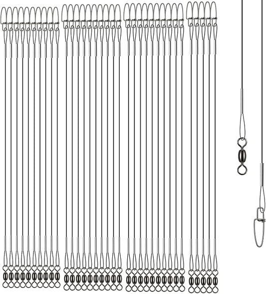Stainless Steel Fishing Wire Leaders, Black Coated & Uncoated Options, Heavy Strength 31–100LB, 6–21in Multi Sizes with Rolling Swivels Snaps for Salt Fresh Water Shark Pike Barracuda