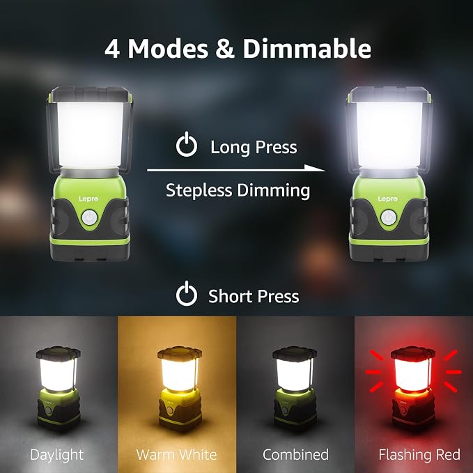Lepro 1500LM Battery Powered LED Camping Lantern, Green Tent Light with 4 Light Modes, Camping Essentials, Waterproof Lantern Flashlight for Camping, Emergency Light, Power Outages, Not Rechargeable