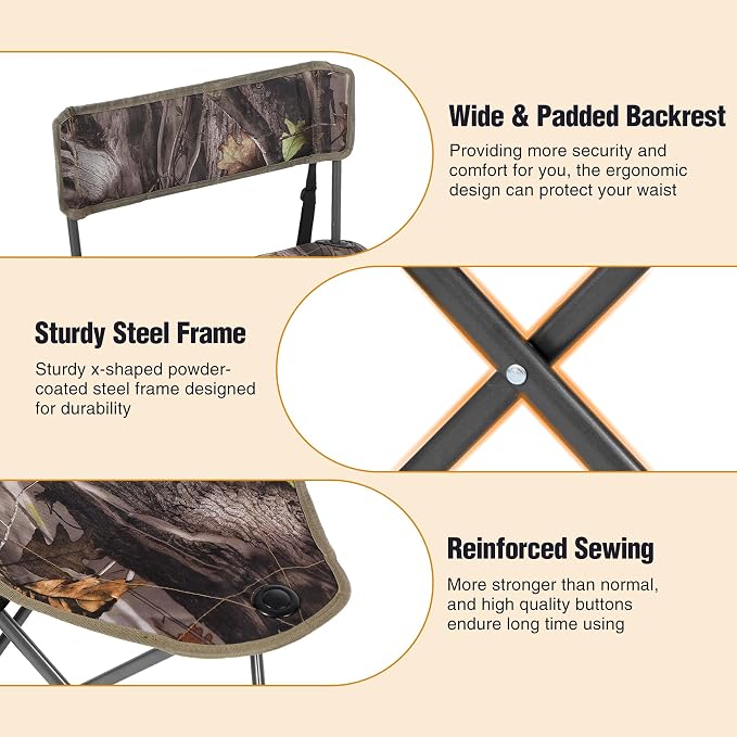 REDCAMP 2 Pack Tripod Hunting Chairs for Blinds, Folding Lightweight Portable Fishing Chair for Adults Hunting Stools with Backrest, Golf Chairs for Spectators, Camo