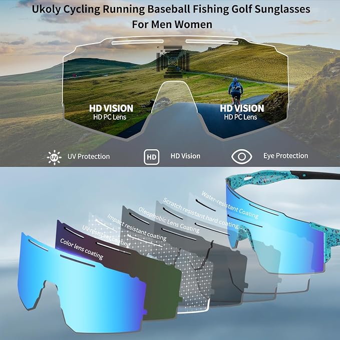 Ukoly Cycling Sunglasses for Men Women with 3 Interchangeable Lenses, Polarized Sports Sunglasses, Baseball Sunglasses