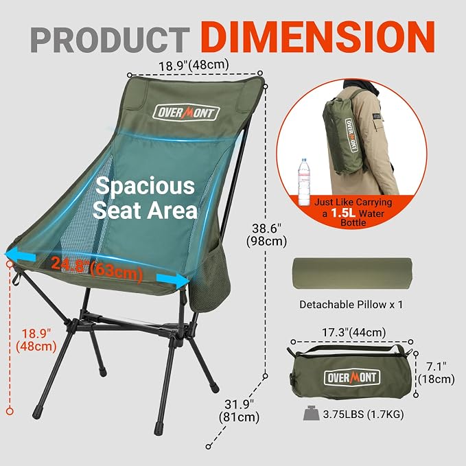 Overmont Portable High-Back Camping Chair - 440LBS Support Oversized Lightweight Folding Backpacking Chair for Adults - Compact with Detachable Pillow for Outdoor Travel Hiking Beach Fishing