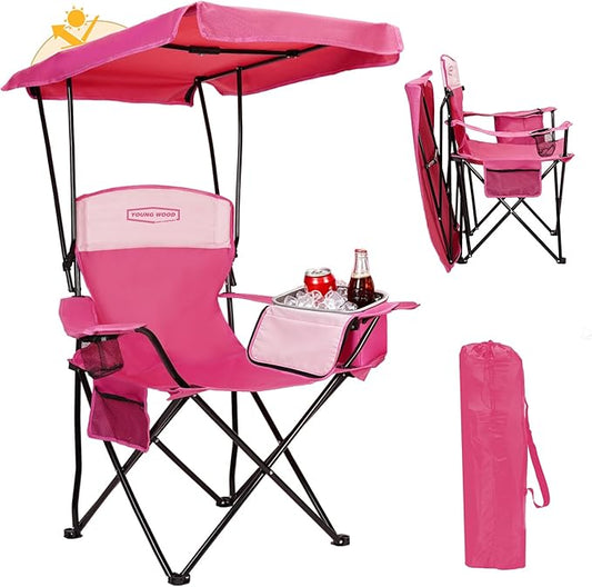YoungWood Camping Chair with Canopy, Beach Chair with Shade,Portable,Lightweight Oversized for All, Easy to Open and Close Without Installation, Side Pocket,cooling bag Design for All Activities,Pink