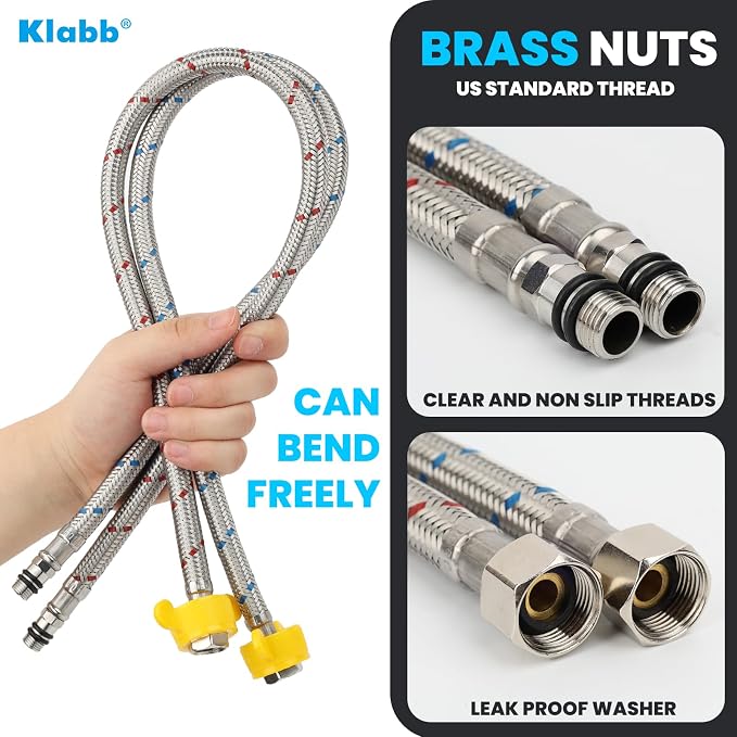 Klabb 32-Inch Stainless Steel Braided Faucet Supply Line, 3/8" Compression x M10 Faucet Connector, Includes 1/2" FIP Adapters, SS304 Flexible Water Hose for Bathroom & Kitchen Sink Faucets