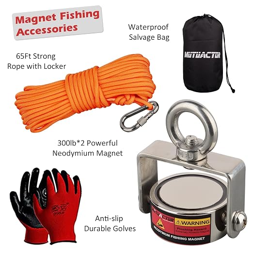 MUTUACTOR Magnet Fishing Kits,600lb Strong Rotate Fishing Magnets Heavy Duty,Neodymium Rare Earth Swivel Magnet with 65Ft Durability Rope,Sturdy Gloves for Retrieving Treasures in Rivers