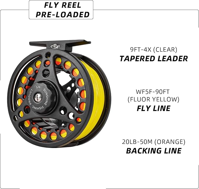 SF SF-001 Large Arbor Fly Fishing Reel with Aluminum Alloy Body 3/4wt 5/6wt 7/8wt Die Cast Pre-Loaded Fly Reel with Line Combo for Trout Bass Carp Pike Panfish