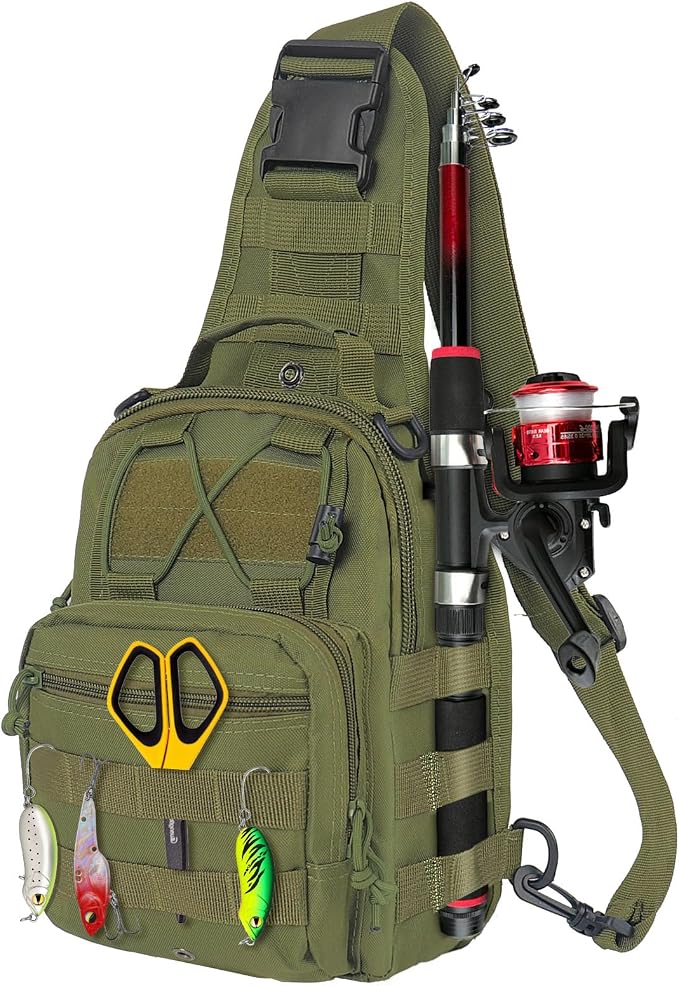 Fishing Backpack Small Fishing Tackle Storage Bag with 3 Methods of Carrying Large Capacity Sling Backpack for Outdoor Hiking Travel Hunting (Army Green)