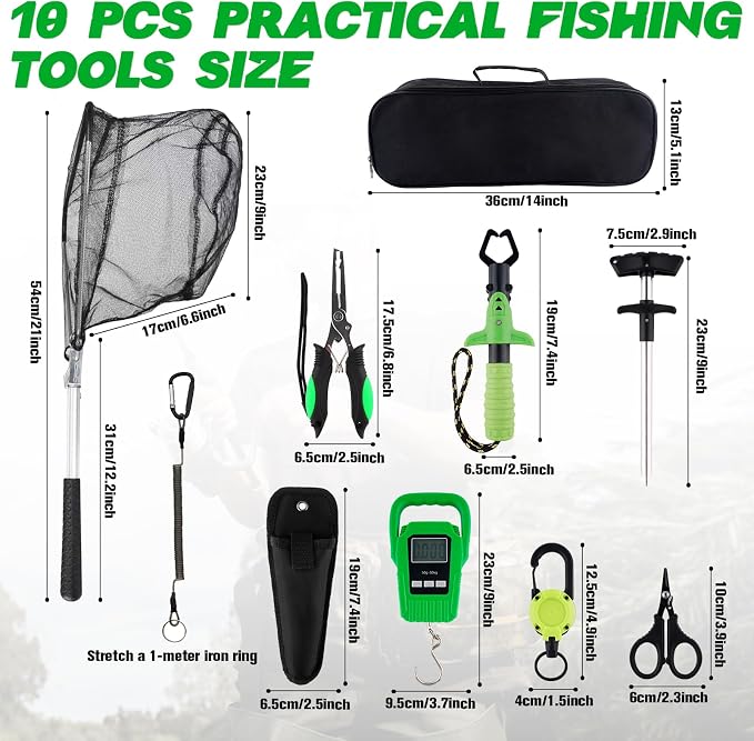 Hikary 10 Pcs Fishing Tool Kit,Folding Fishing Net Set with Storang Bag,Pliers with Lanyard and Protective Sheaths,Hook Remover,Fish Gripper,Fish Scale,Scissors for Fisherman Travel Gifts