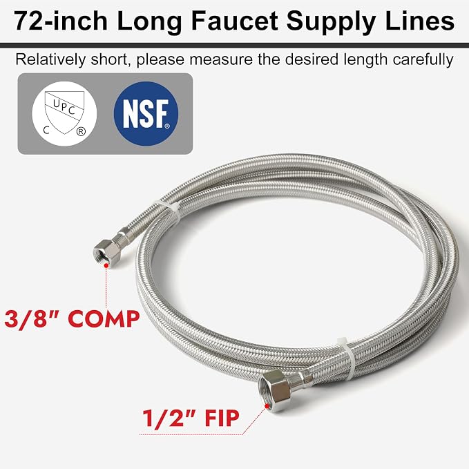 Midanya Faucet Supply Lines,72" Stainless Steel Braided Water Supply Line, 1/2" FIP x 3/8" COMP Faucet Hose, Faucet Hose Connector x 2 Pcs (1 Pair)