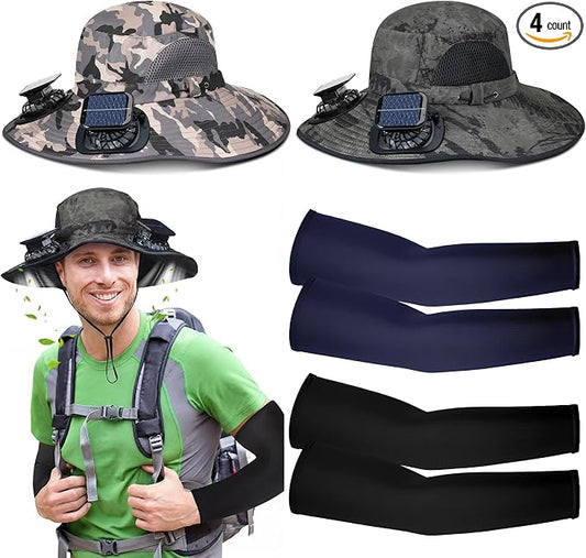 Glitopper 2 Set Wide Brim Solar Fan Hats with 2 Solar Fan and Arm Sleeves Set Outdoor Fishing Bucket Hat for Men Women Hiking
