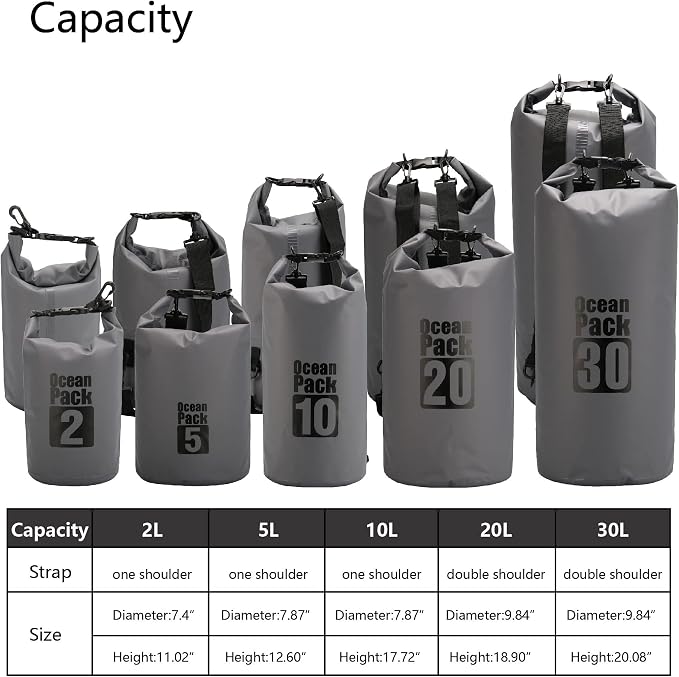 Dry Sack/Floating Waterproof Bag 2L/5L/10L/20L/30L for Boating, Kayaking, Hiking, Snowboarding, Camping, Rafting, Fishing and Backpacking