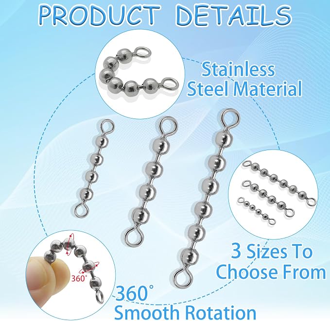 20 Pack Fishing Bead Chain Swivels High-Speed Trolling Swivels Stainless Steel Catfish Swivels Fishing Tackle Rig Fishing Gear Freshwater Saltwater Salmon Walleye