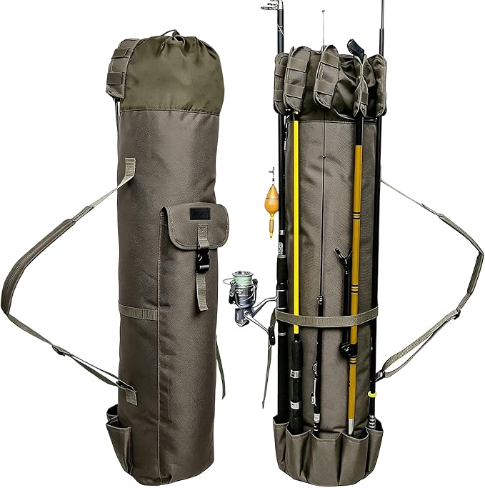 DONQL Fishing Rod Bags, Outdoor Fishing Pole Holders Reel Case, Multifunction Camping Portable Travel Carry Case Backpack Fish Rod Reel Bag, Holds 5 Poles & Fishing Tackles, Fishing Gear for Men