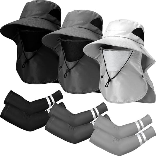 Berlune 6 Pcs Sun Hats for Men Women Fishing Hats with Face Cover and Arm Sleeves Outdoor Wide Brim Hat Summer UV Sun Protection Hat for Fishing Hiking Gardening