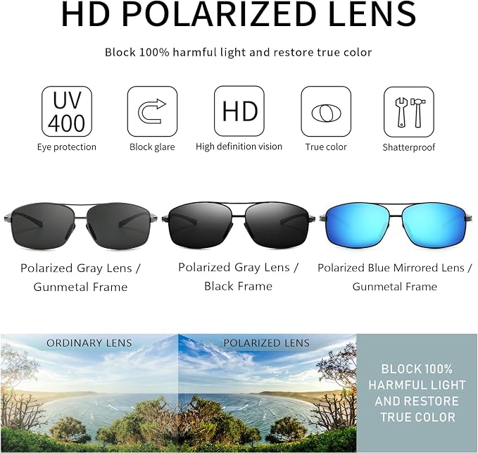 SUNGAIT Ultra Lightweight Rectangular Polarized Sunglasses Men UV400 Protection