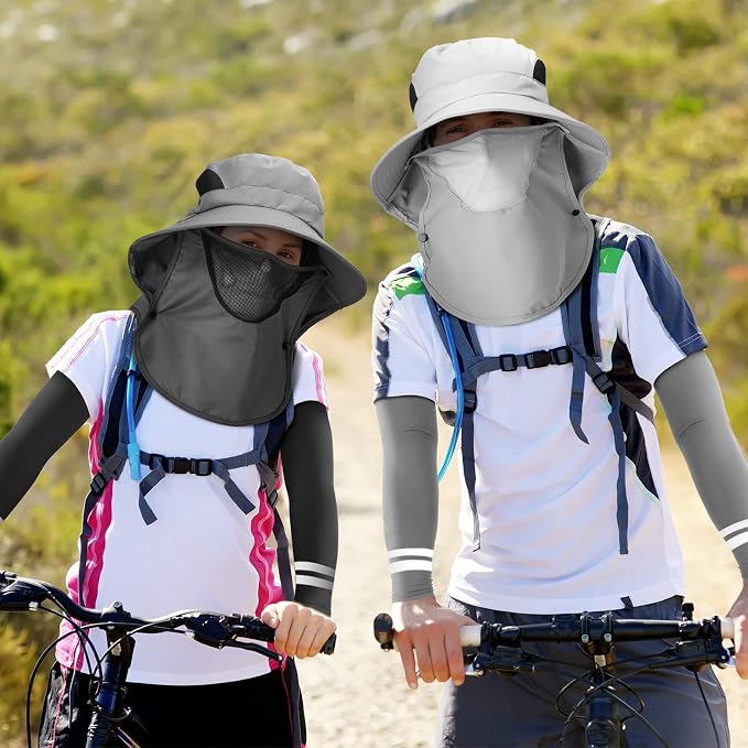 Berlune 6 Pcs Sun Hats for Men Women Fishing Hats with Face Cover and Arm Sleeves Outdoor Wide Brim Hat Summer UV Sun Protection Hat for Fishing Hiking Gardening