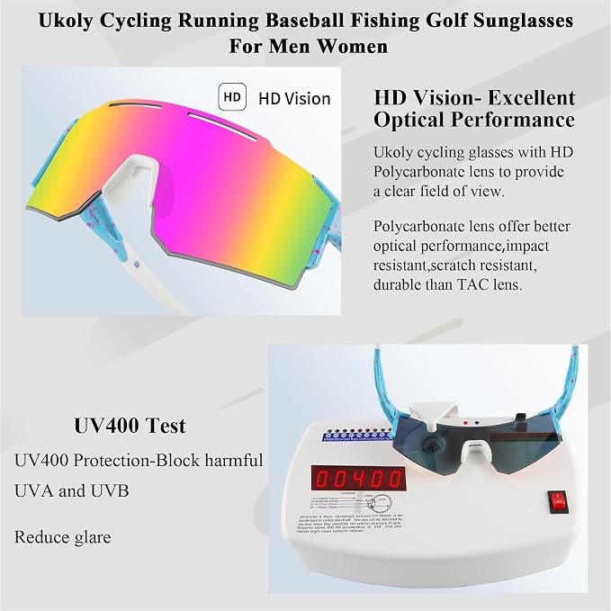 Ukoly Cycling Sunglasses for Men Women with 3 Interchangeable Lenses, Polarized Sports Sunglasses, Baseball Sunglasses