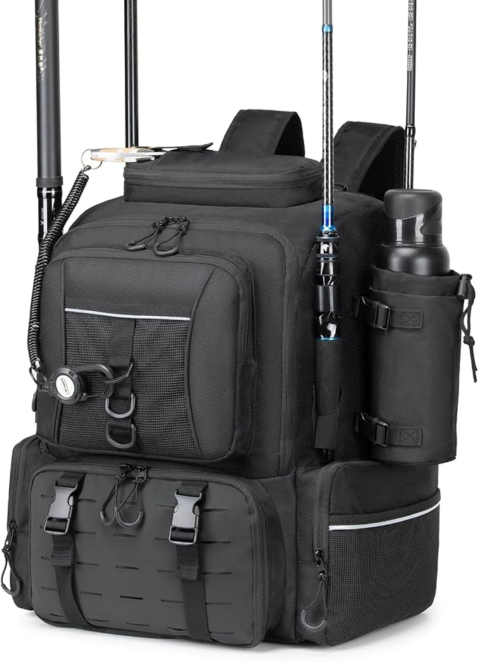 WANOON Fishing Backpack 45L - Waterproof with Insulated Bait Pocket & 4 Rod Holders | Easy-to-Clean Cooler Liner