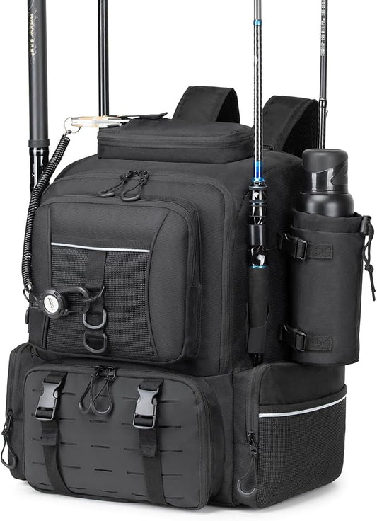 WANOON Fishing Backpack 45L - Waterproof with Insulated Bait Pocket & 4 Rod Holders | Easy-to-Clean Cooler Liner