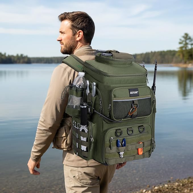Goture Fishing Backpack with 4 Tackle Boxes, 900D Water-Resistant Tackle Backpack with Rod Holders,Insulated Cooler Compartment, 55L Large Capacity Fishing Gear Storage Bag for Saltwater & Freshwater