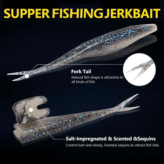 Fishing Bait Soft Plastic Lures 30/50 Pcs, Weighted Hooks 10 Pack & 40-Piece Set, 4in/5in Salty Split Tail Jerk Shad, 3/0 4/0 5/0 Weedless Swimbait Hook for Bass Fishing