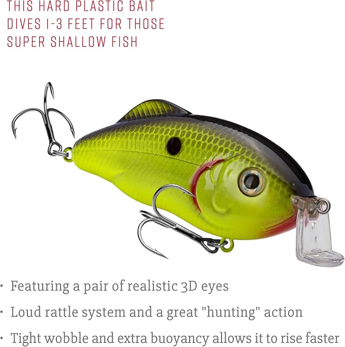 Strike King Hybrid Hunter Shallow Jr. Fishing Lure, Shallow Diving Crankbait, 90-Degree Bill, 3D Eyes, Loud Rattle, Dives 1 to 3-Feet,Size 4 & 6 Treble Hooks