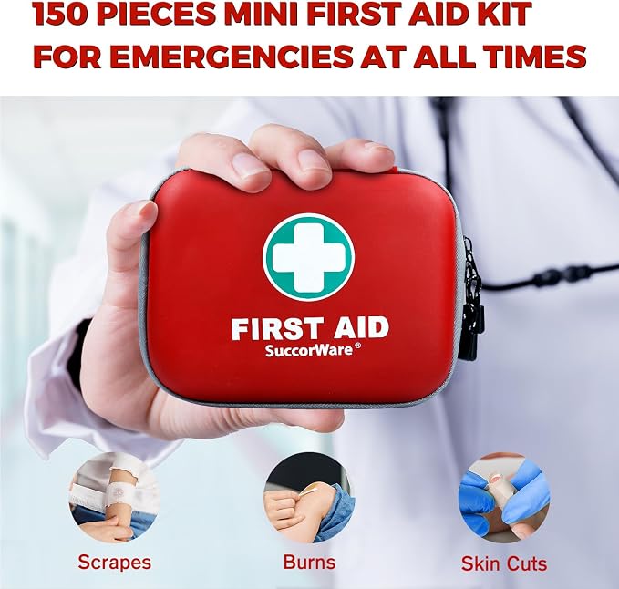 SuccorWare 150 Pieces Mini First Aid Kit - Small Medical Kit with Hard Shell - Emergency First Aid Kit for Car, Travel, Home, Outdoor, Office, Camping, Hiking (Red)
