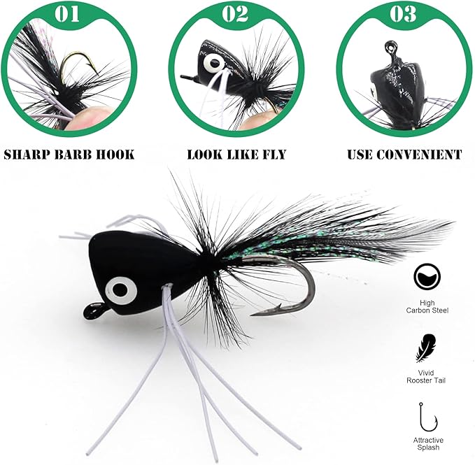Fly Fishing Poppers, Topwater Fishing Lures Bass Crappie Bluegill Sunfish Panfish Trout Salmon Perch Steelhead Flies for Fly Fishing Bass Panfish Bluegill Trout Salmon