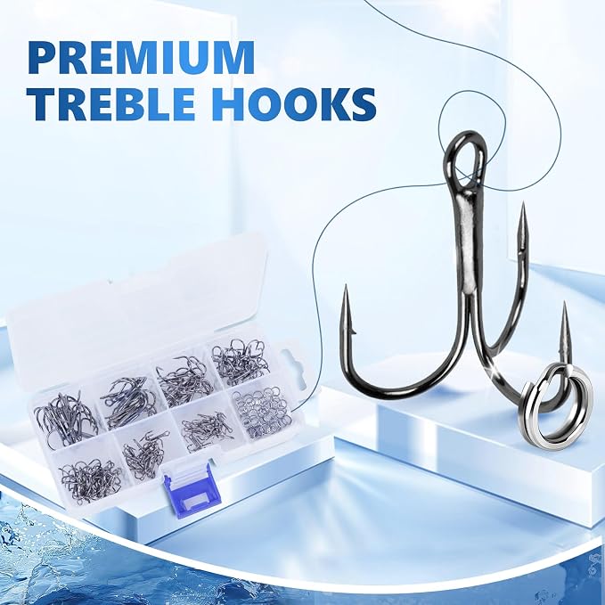 UCEC Fishing Hooks Treble Hooks Kit for Saltwater Freshwater, High Carbon Steel Strong Sharp Round Bend for Catfish Trout Hard Baits Lures, Size #1#2#4#6#8#10#12#14 110/50/210 Pack with Split Rings