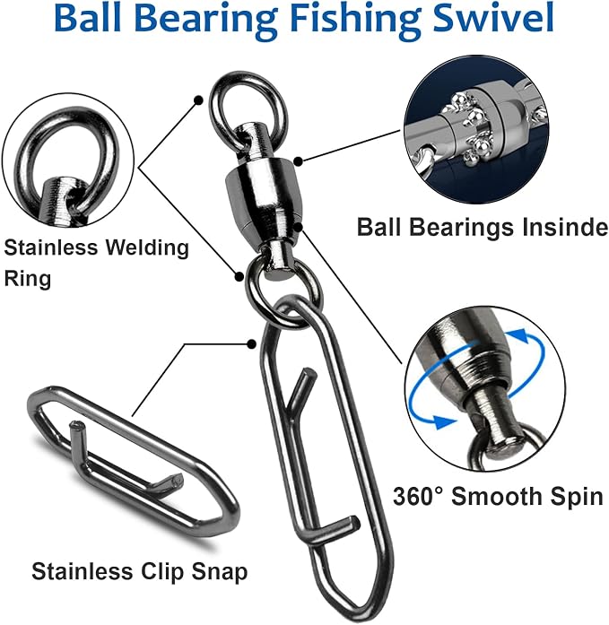 AMYSPORTS High Strength Snap Swivels Stainless Bearing Rolling Fishing Swivel Freshwater Snap Swivels Fishing Clip Steel Black Nickel