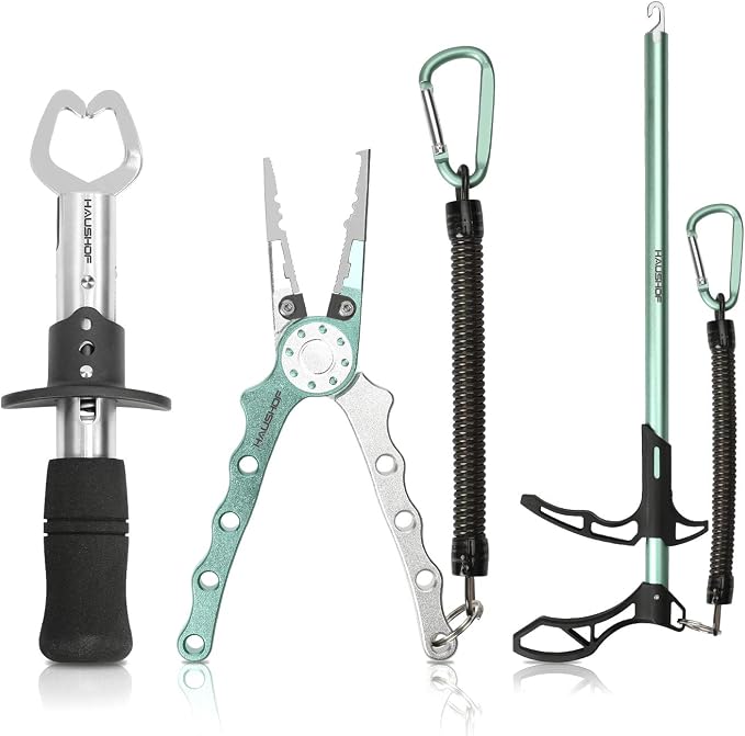 HAUSHOF 3PC Fishing Tool Kit, Stainless Steel Fish Lip Gripper, Aluminum Fishing Pliers with Sheath, Fish Hook Remover with Safety Coiled Lanyard