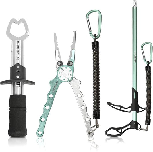 HAUSHOF 3PC Fishing Tool Kit, Stainless Steel Fish Lip Gripper, Aluminum Fishing Pliers with Sheath, Fish Hook Remover with Safety Coiled Lanyard