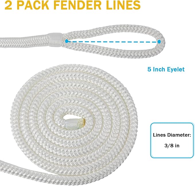 2 Pack 3/8'' x 6' Boat Fender Lines for Mooring, Docking Ties & Small Boat,Premium Marine- Grade Double Braided Nylon Boat Rope with a 5" Eyelet,Anti-Wear & Weather-Resistant-White