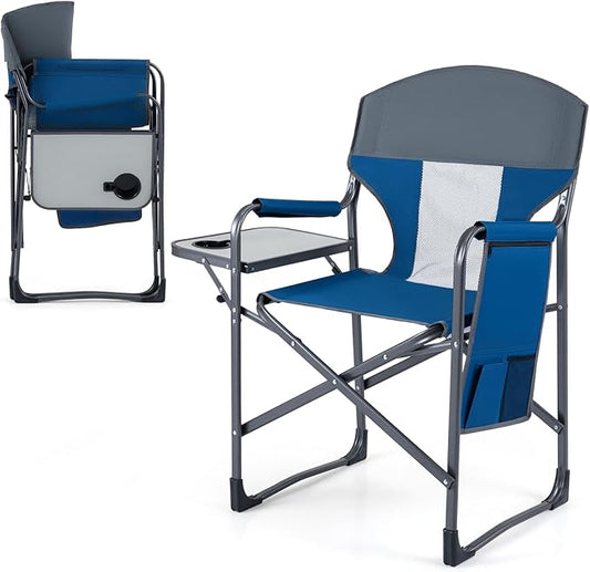 COSTWAY Oversized Folding Camping Chair with Padded Seat, Side Table, Cup Holder & Storage Pocket, Heavy-Duty Portable Director's Chair for Beach, Fishing, Picnic & Sports, Supports 400 lbs (Navy,1)