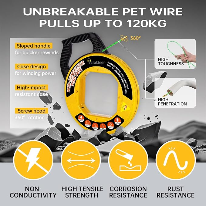 Non-Conductive Fish Tape Wire Puller 150 FT x 4.5 mm with Gloves and 7 Adapters, Flexible PET Wire Fishing Tools for Walls and Electrical Conduit, Rust-Proof