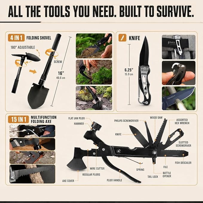 Survival Kit, 250Pcs Survival Gear First Aid Kit with Molle System Compatible Bag and Emergency Tent, Emergency Kit for Earthquake, Outdoor Adventure, Hiking, Hunting, Gifts for Men Women