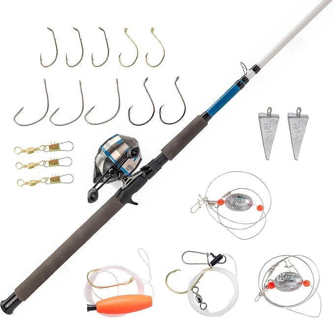 Zebco 606 Salt Fisher Spincast Reel and Fishing Rod Combo, 7-Foot 2-Piece Telescopic Rod, Size 60 Reel, 19-Piece Eagle Claw Tackle Kit