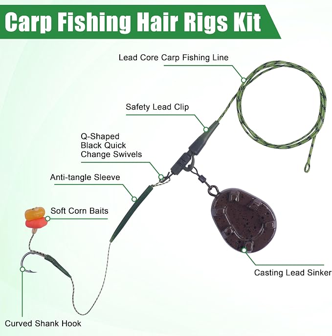 Carp Fishing Rigs Kit Carp Hair Rig with Carp Sinker Weights Carp Hooks Corn Bait Leader Rigs Quick Change Rolling Swivels Sleeves Carp Fishing Equipment Accessories